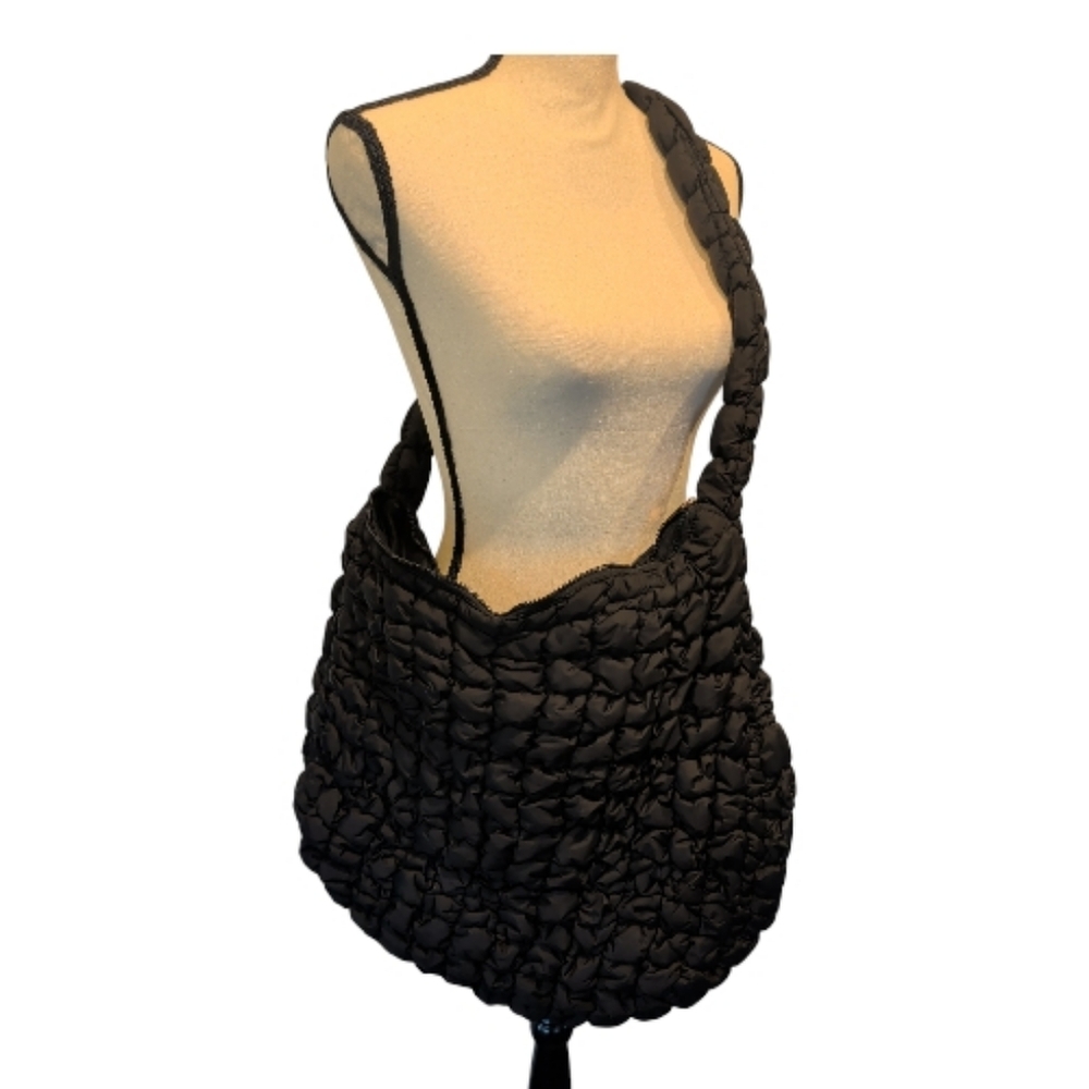Plush Quilted Braided-Handle Shoulder Bag - Black